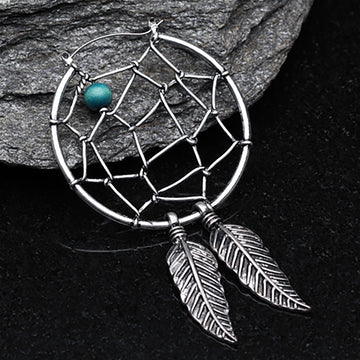 Detail View 1 of A Pair of Vintage Dreamcatcher Plug Hoop Earring-Blue/Aqua
